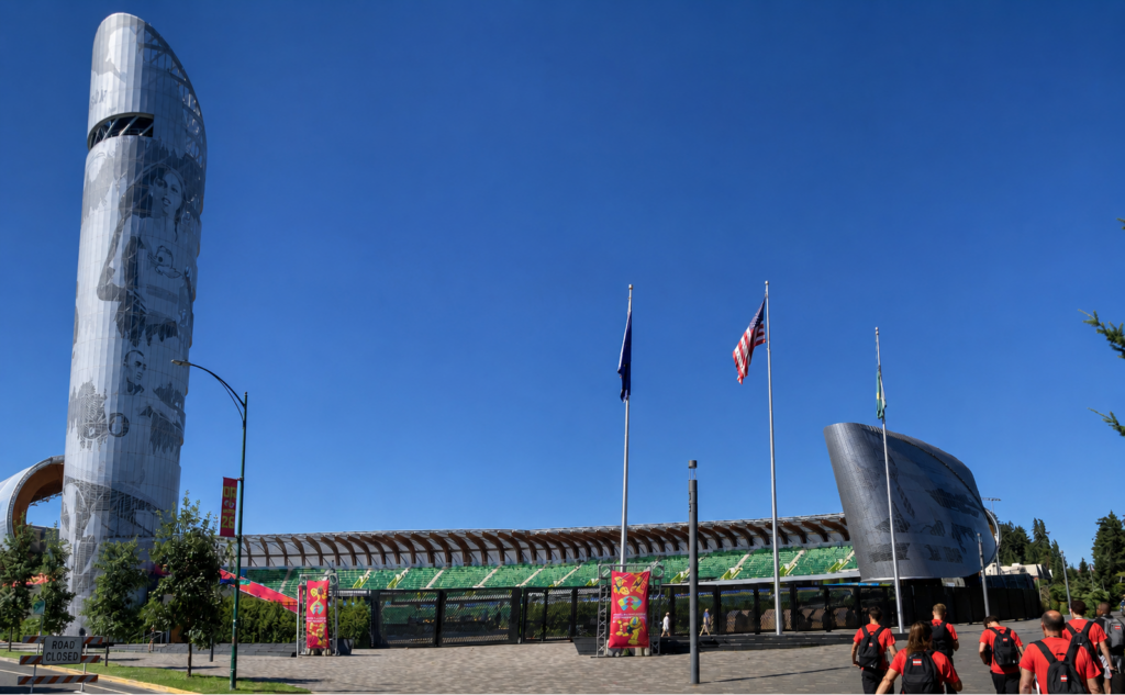 Gesamtansicht des Hayward Field in Eugene, Austragungsort der U20-Leichtathletik-Weltmeisterschaft, mit dem österreichischen WM-Team.